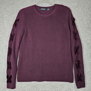 Lauren Ralph Lauren Womens Maroon Sweater‎ Size Medium Velvet Lace Up Sleeve